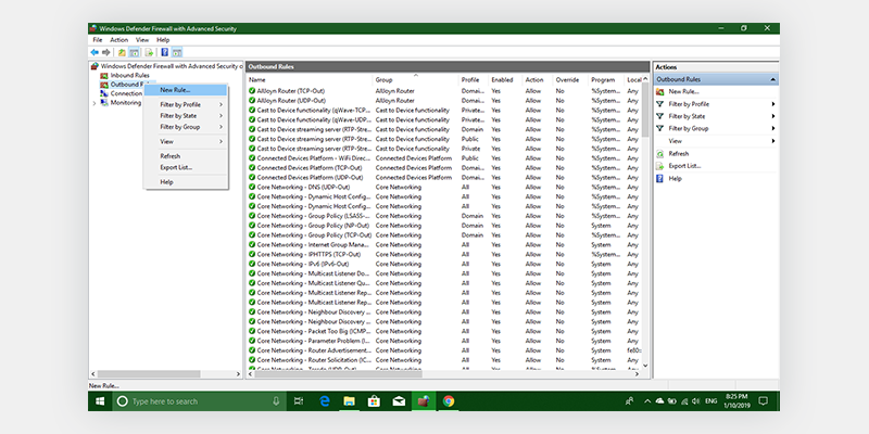 Open ‘Outbound Rules’ in the Windows Defender Firewall: